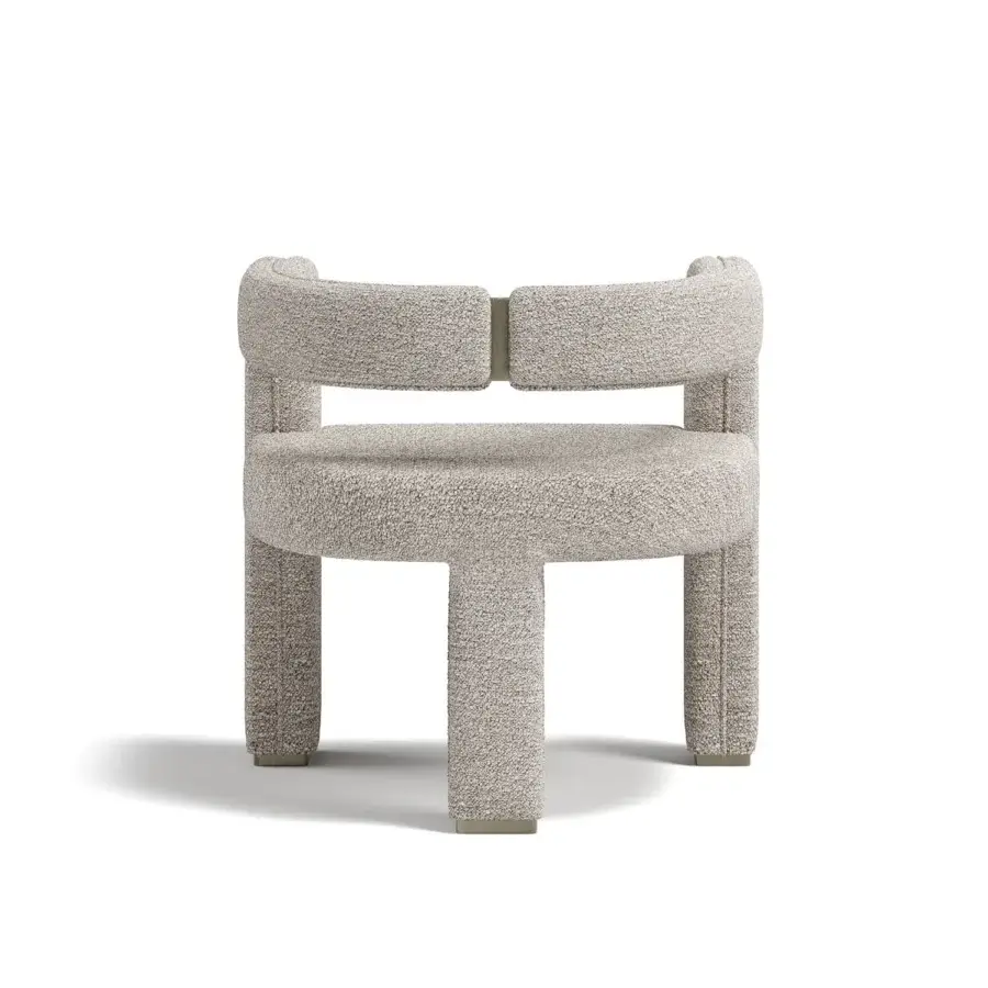 Exceptional Capital Mirage armchair upholstered in textured neutral beige fabric with brushed metal accents and a solid wooden frame