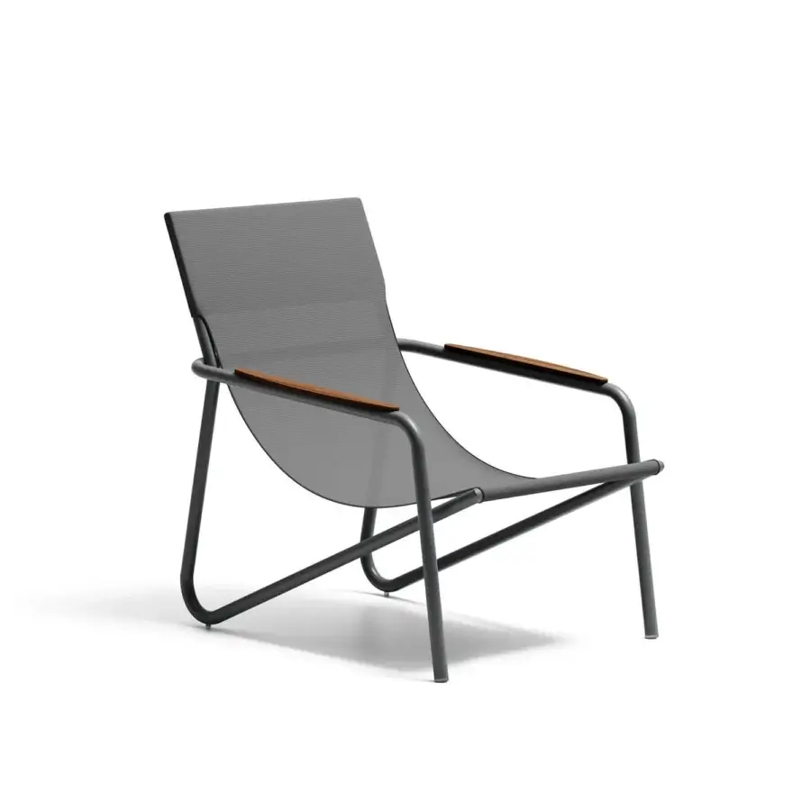 Exceptional Atmosphera Zante lounge chair with a matte gray aluminum frame and warm brown wooden armrests built in textilene