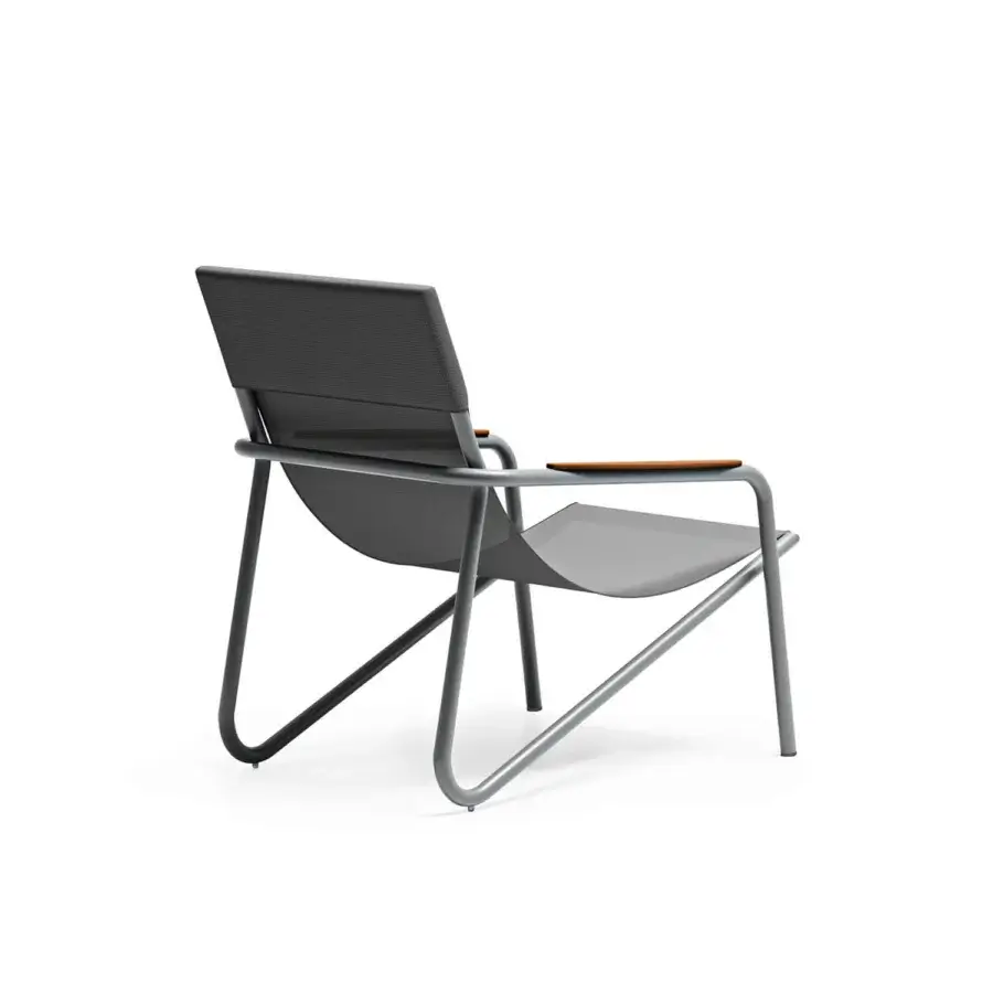 Distinguished Atmosphera Zante lounge chair crafted with a matte gray aluminum frame and natural wood grain armrest inserts in textilene