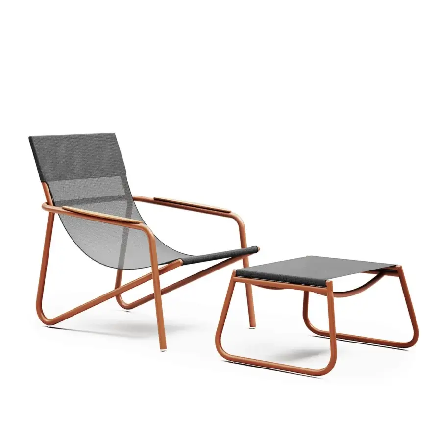 Elegant Atmosphera Zante lounge chair with reddish-brown aluminum and dark gray textilene for comfortable outdoor use
