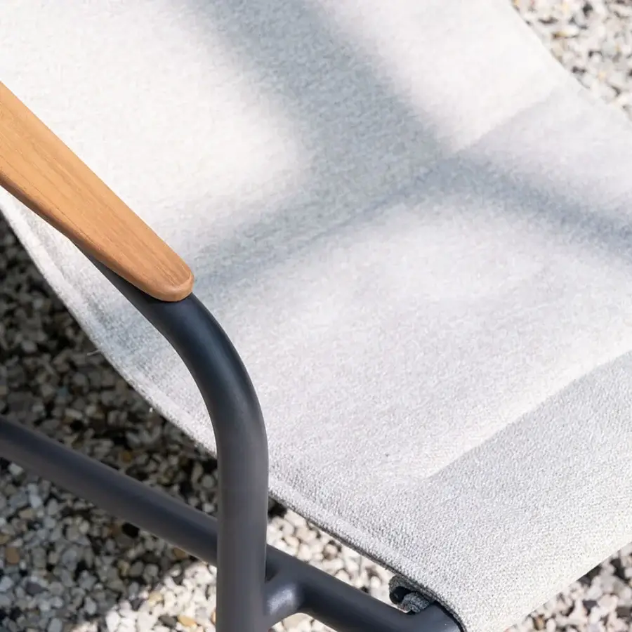 Distinguished Atmosphera Zante lounge chair with a durable aluminum frame and textilene seat, complemented by warm-toned wooden armrests and a matte dark gray finish