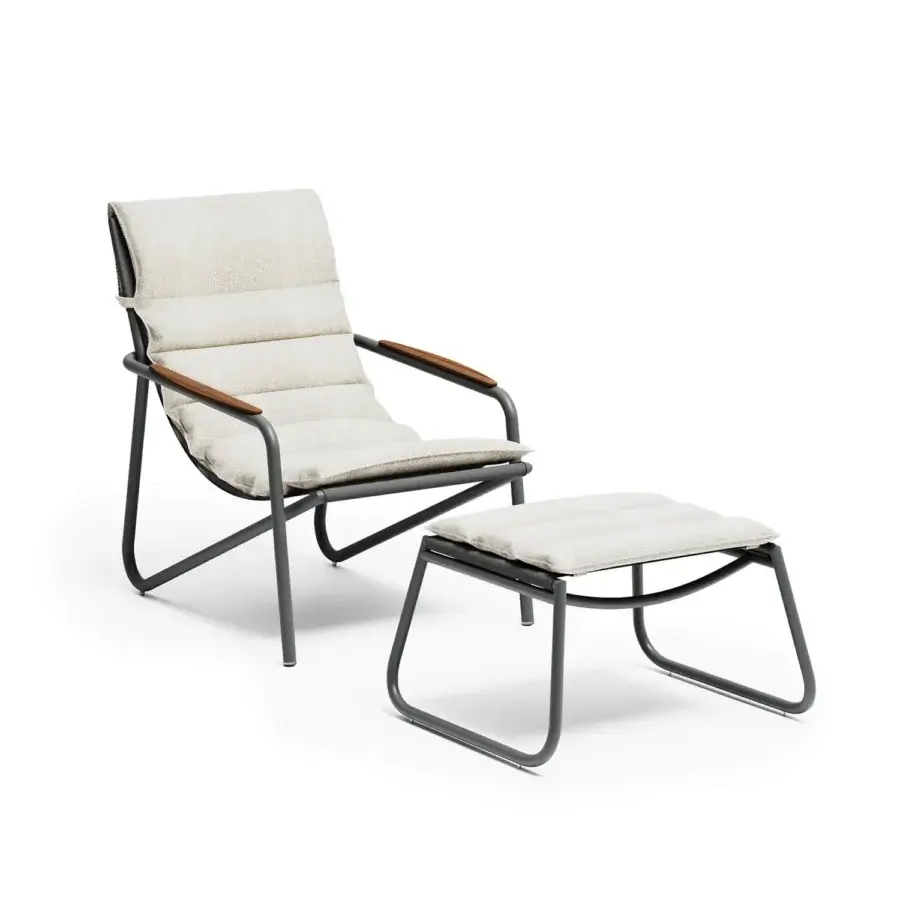 Exceptional Atmosphera Zante padded lounge chair with aluminum frame, textilene and plush fabric cushioning in a light beige tone with satin-finish wood armrests