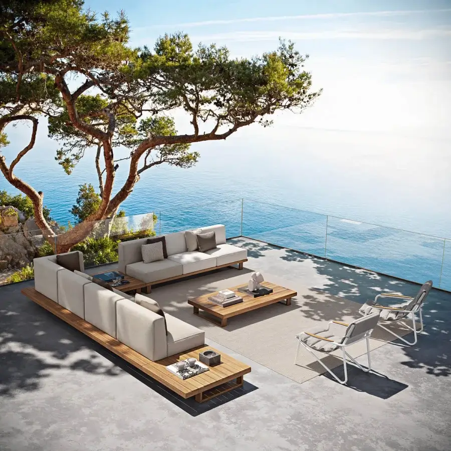 Exceptional Atmosphera Zante padded lounge chair with light beige fabric cushioning and warm wood frame