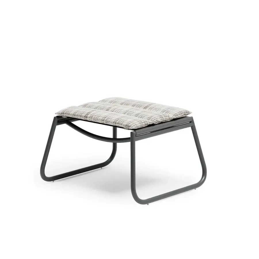 Sophisticated Atmosphera Zante padded lounge chair with a curved dark gray metal frame and plush white, black, gray plaid textile cushion