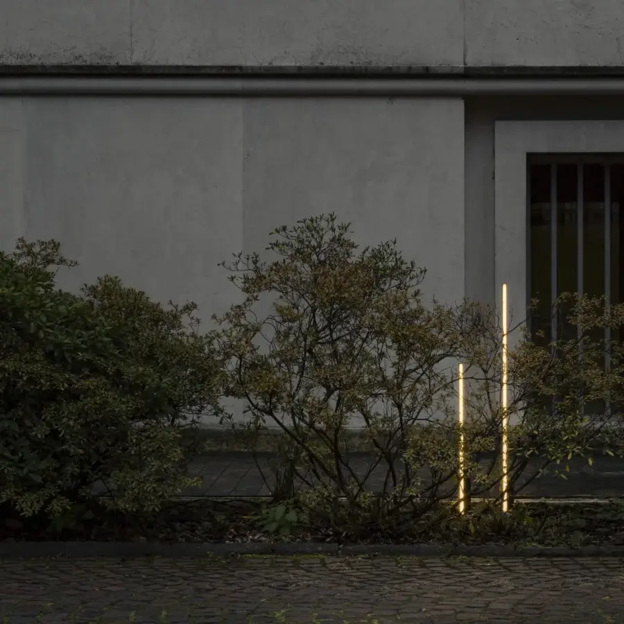Superior Contardi Fly Outdoor floor lamp crafted in metal with satin finish and pale gold tone presents architectural form