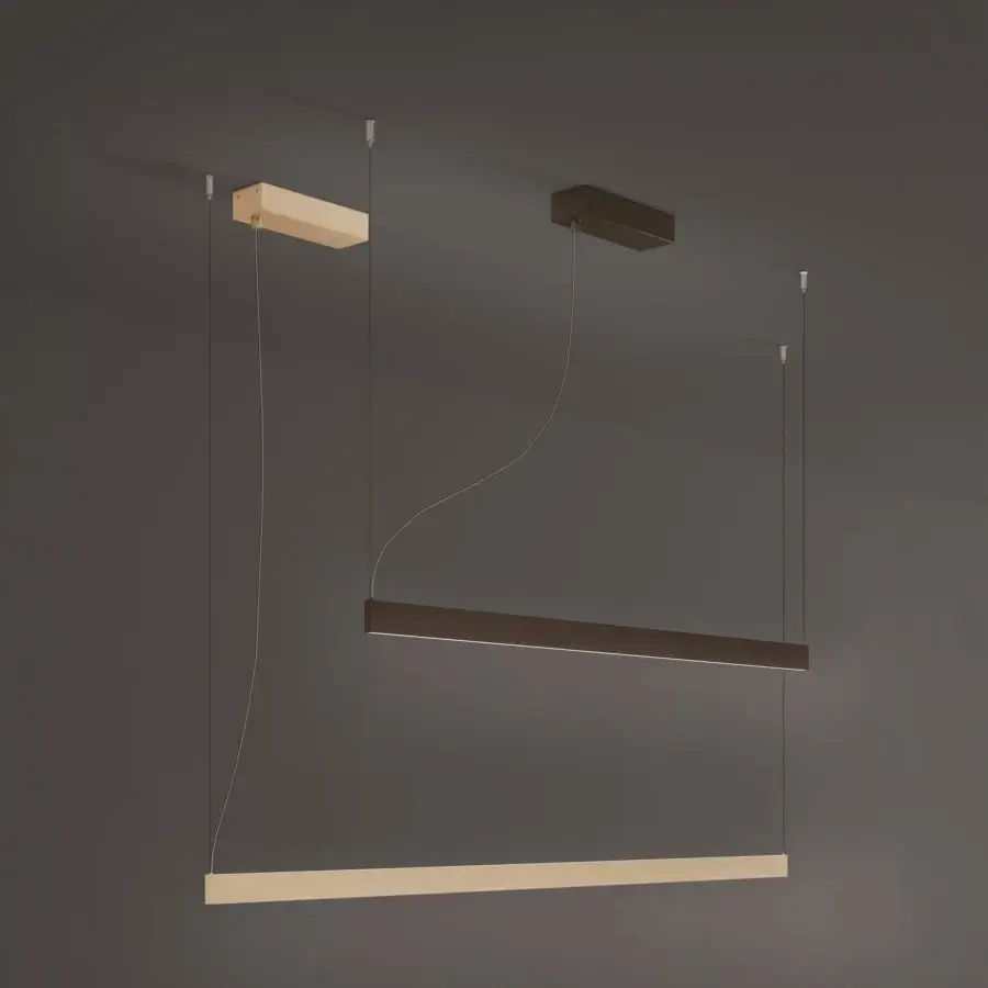 Exceptional Contardi Fly suspension lamp crafted in warm beige wood with sleek silver-toned metal cables and matte finish