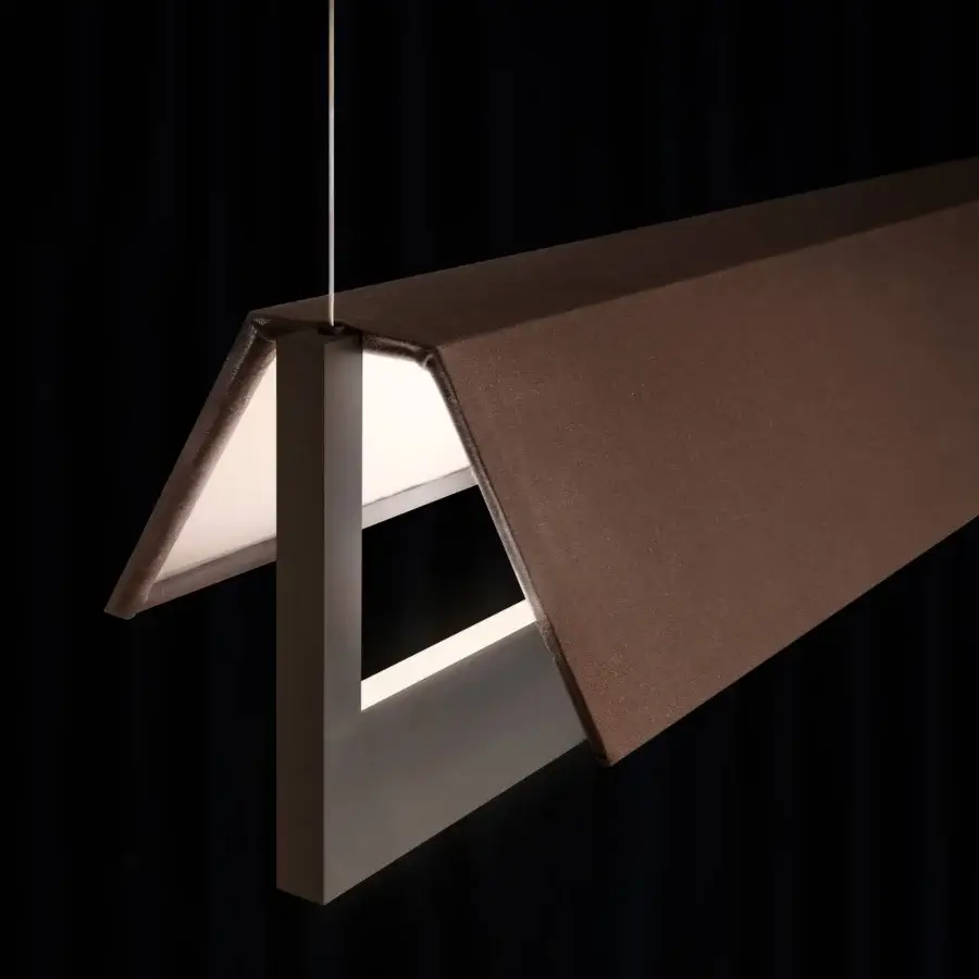 Distinguished Contardi Fly suspension lamp crafted in metal with a textured medium-brown cotton textile diffuser