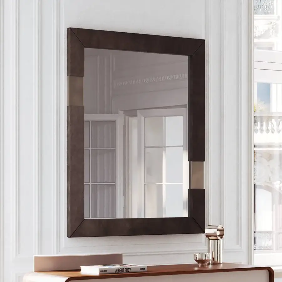 Superior Capital Trilogy mirror embodying elegance with layered wood and delicate metal detailing in a matte dark brown finish