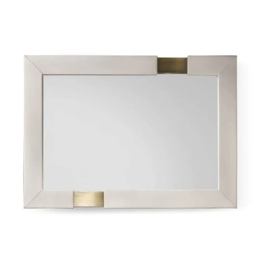 Superior Capital Trilogy mirror embodying elegance with geometric form and matte stone-like composite with golden-toned metal inlays