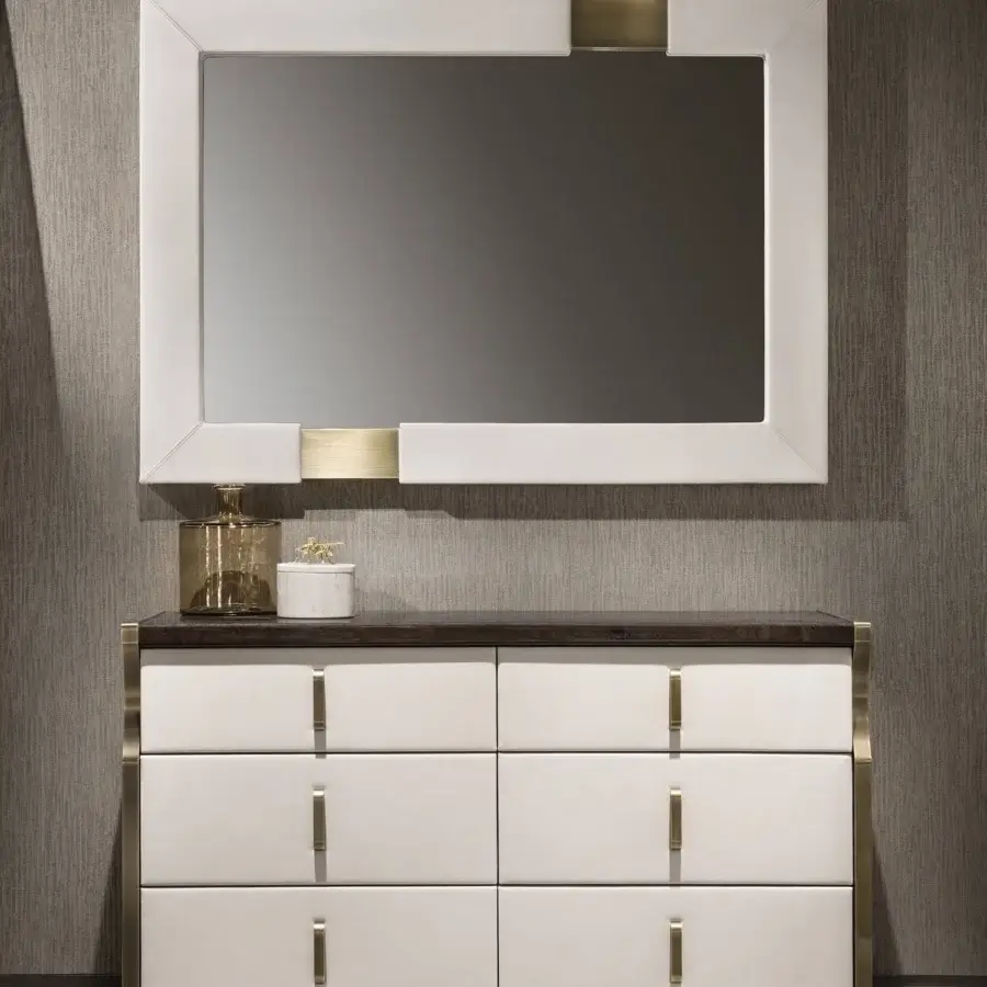 Exclusive Capital Trilogy mirror embodying elegance with substantial wood frame and gold-toned metal accents in a satin finish