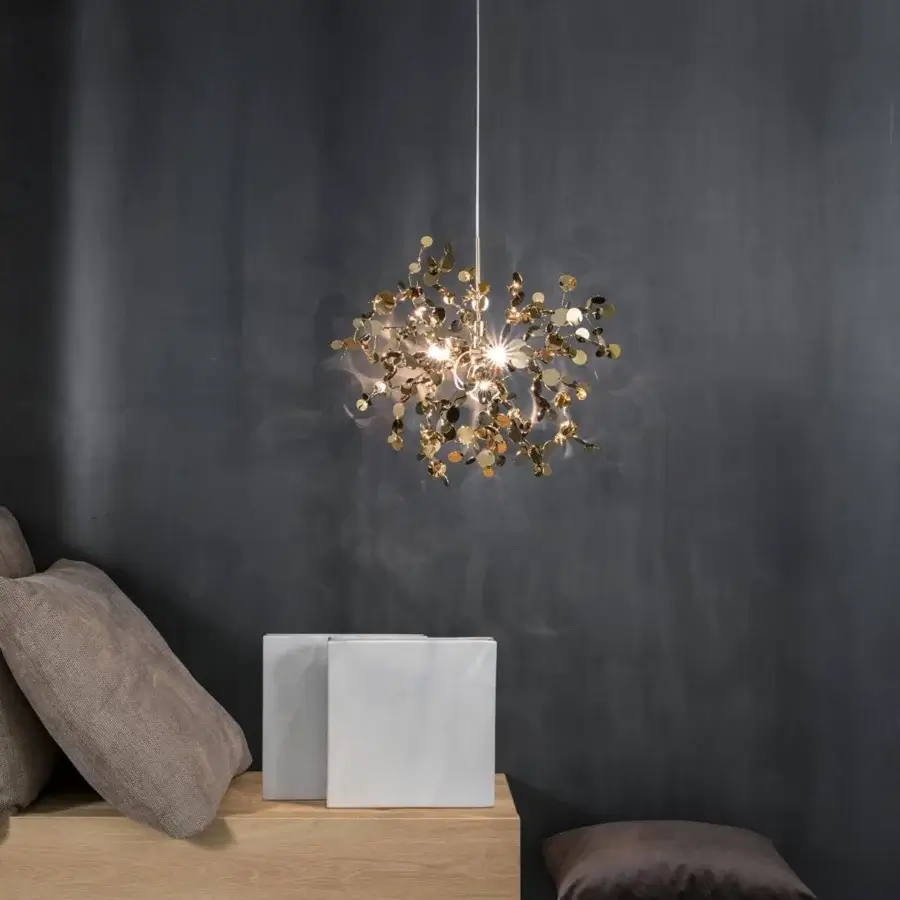 Exceptional Terzani Argent suspension lamp crafted in radiant gold tone with interconnected metal discs creating refined illumination