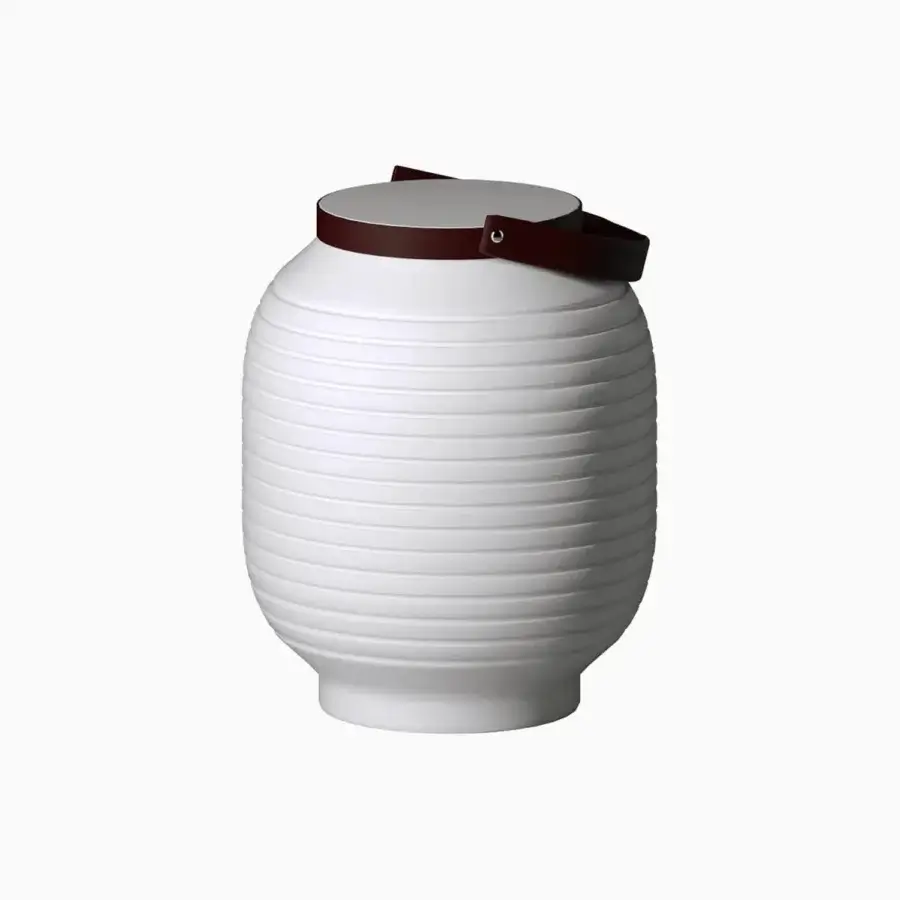 Innovative Serralunga Honey Lantern, outdoor illumination crafted in neutral translucent LLDPE with matte opal finish and reddish-brown strap