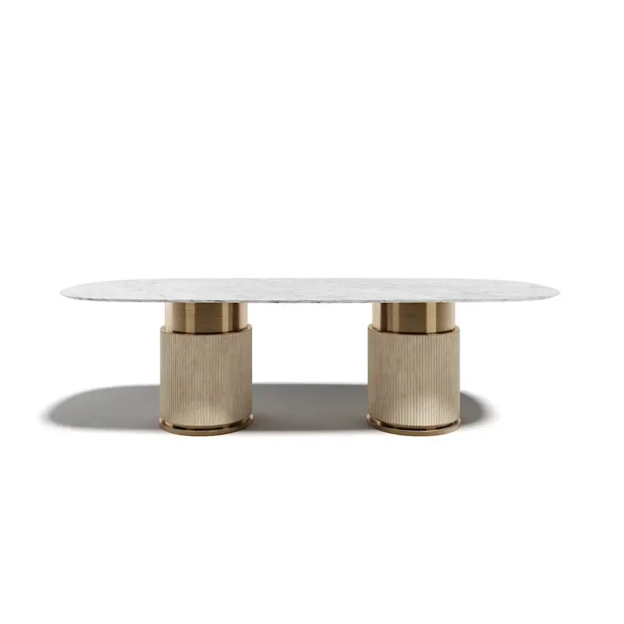 Distinguished Capital Rock table with shaped marble top, cylindrical leather upholstered bases and golden-toned metal accents built with ribbed wood