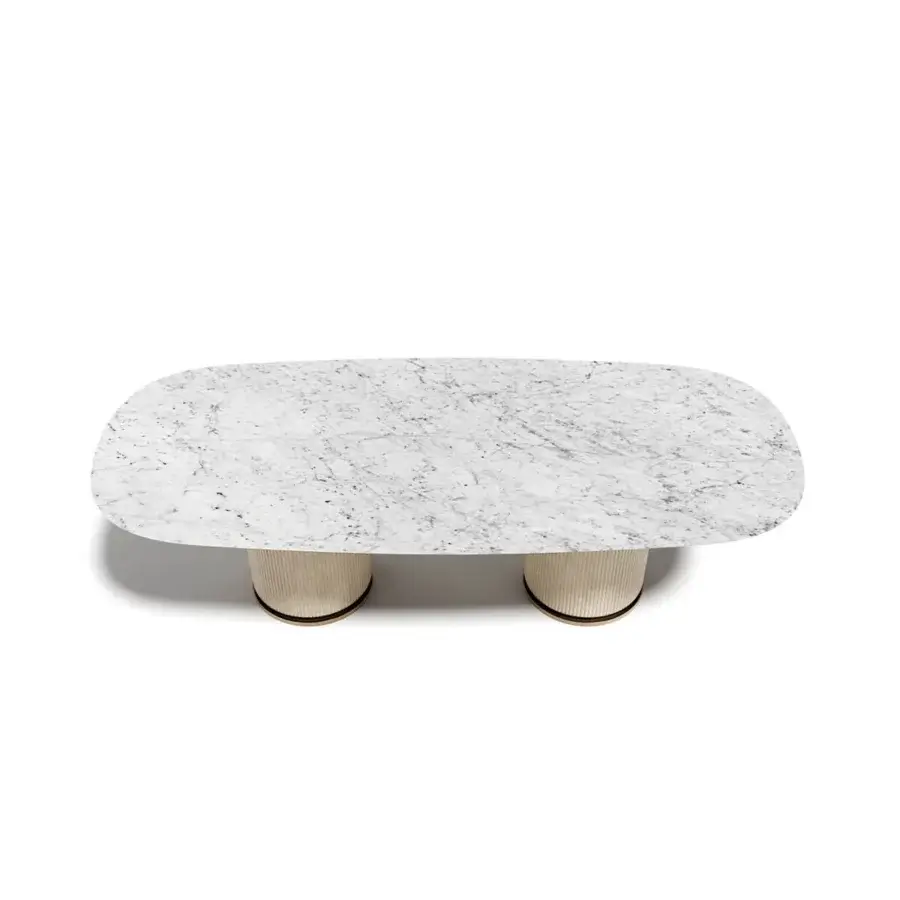 Superior Capital Rock table with polished white marble top and cylindrical light wood bases crafted in plain leather
