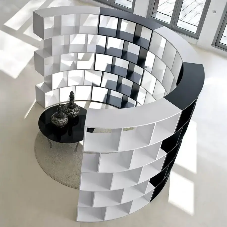 Exceptional Ivano Antonello Italia River bookcase with a spiral form in white and black wood-based material and matte lacquer finish