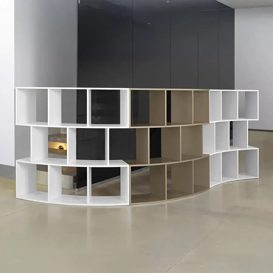 Elegant Ivano Antonello Italia River bookcase crafted in white lacquer with golden-brown interiors and a curved, modular design