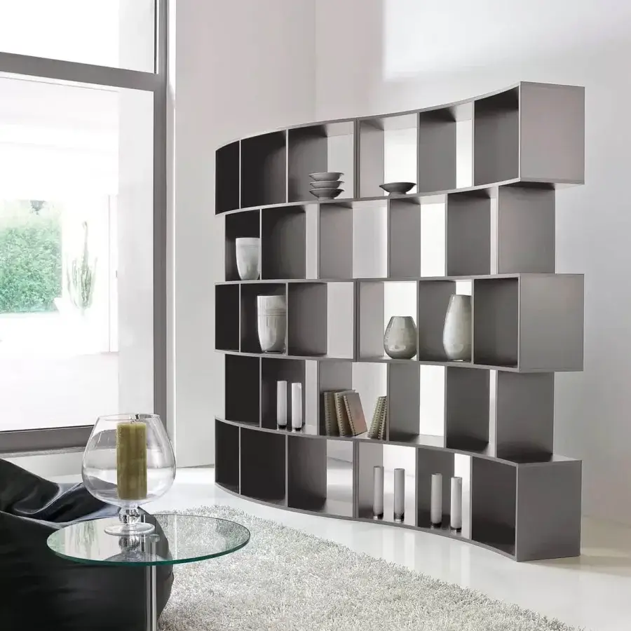 Superior Ivano Antonello Italia River bookcase in medium gray wood-based material with smooth matte lacquer finish