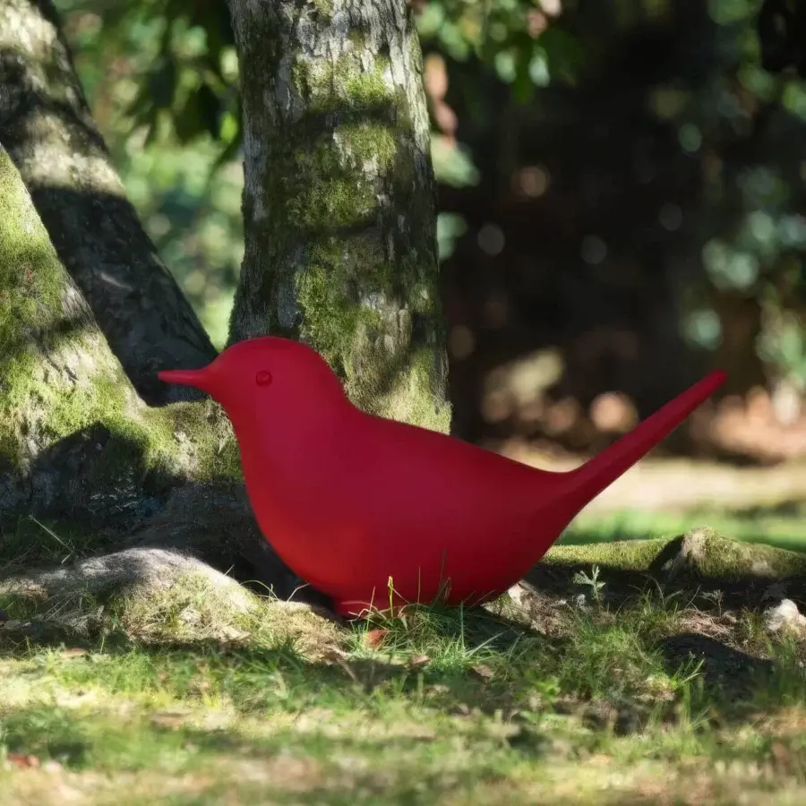 Superior Serralunga Paloma & Pulcino sculpture crafted in vibrant red LLDPE with a smooth glossy finish