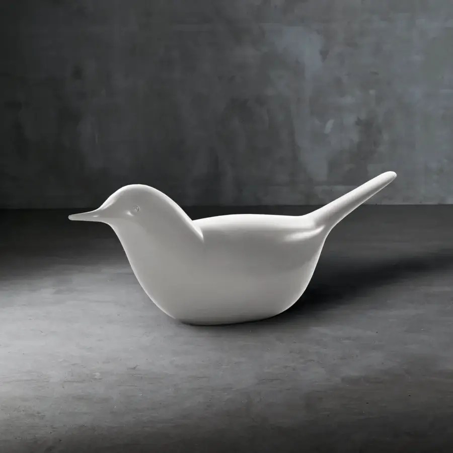Elegant Serralunga Paloma & Pulcino sculpture set crafted in pale LLDPE with a refined textured finish