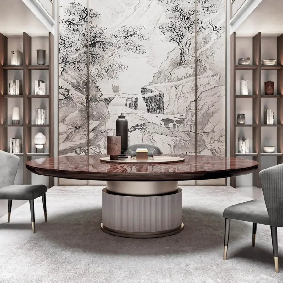Distinguished Capital Rock table with reddish-brown wood, light wood border and neutral gray leather upholstery in glossy finish
