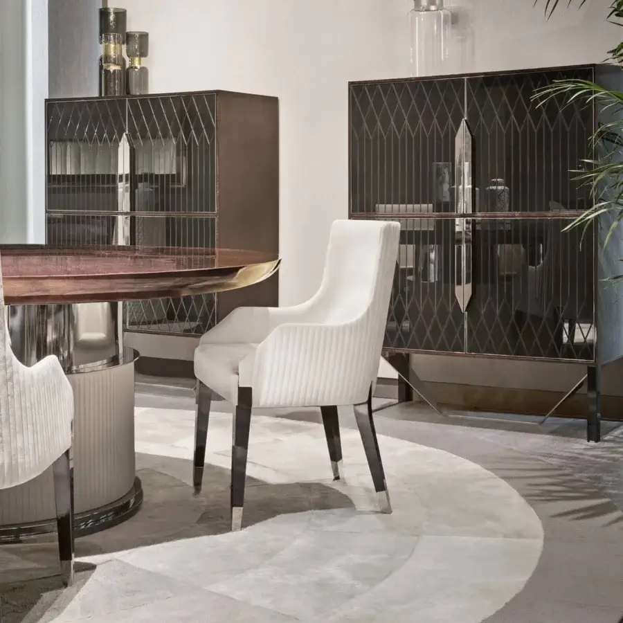 Exceptional Capital Rock table with dark brown wood, lighter inset detail and quilted leather upholstery in satin finish