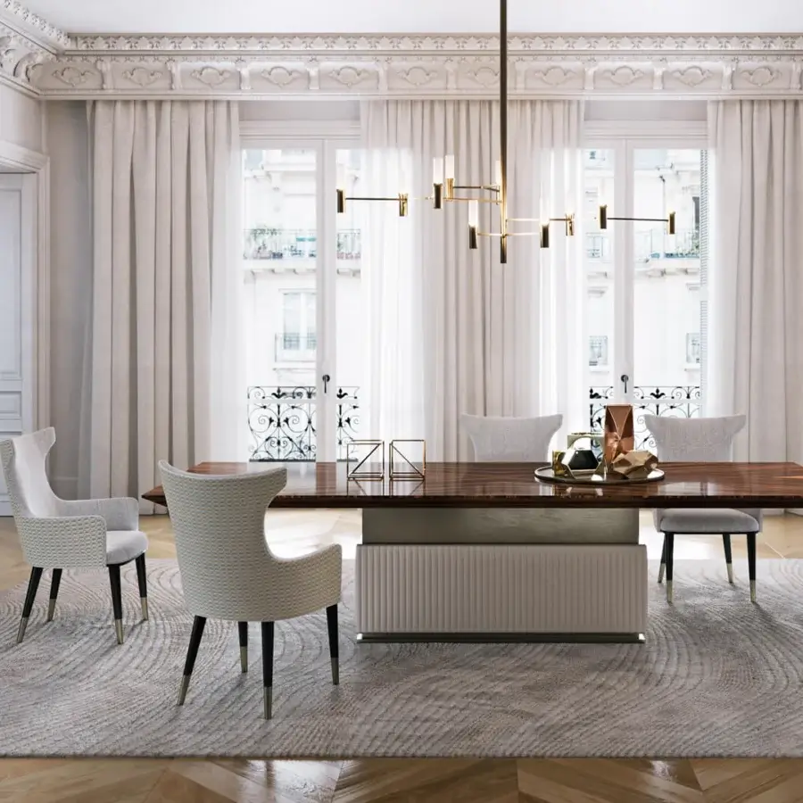Distinguished Capital Rock table with dark brown wood, satin finish and light-toned leather upholstery