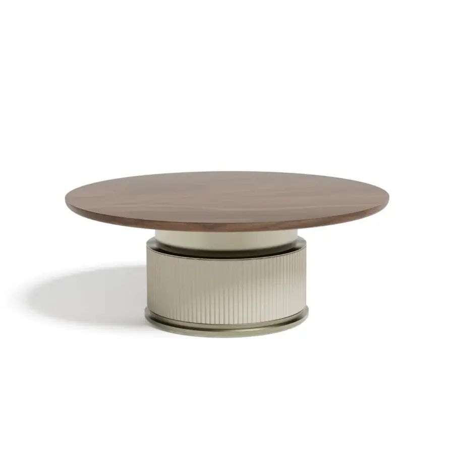 Superior Capital Rock table with medium-brown wood, satin finish and gold metal with vertically ribbed element