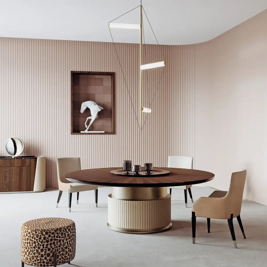 Distinguished Capital Rock table with wood tabletop, metallic inset and light beige vertically ribbed leather base in satin finish