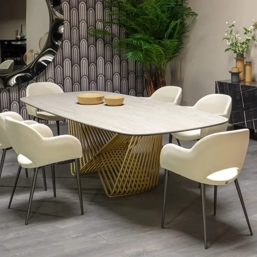 Distinguished Tonin Casa Tenso table with travertine tabletop and intricately woven golden-hued painted steel base