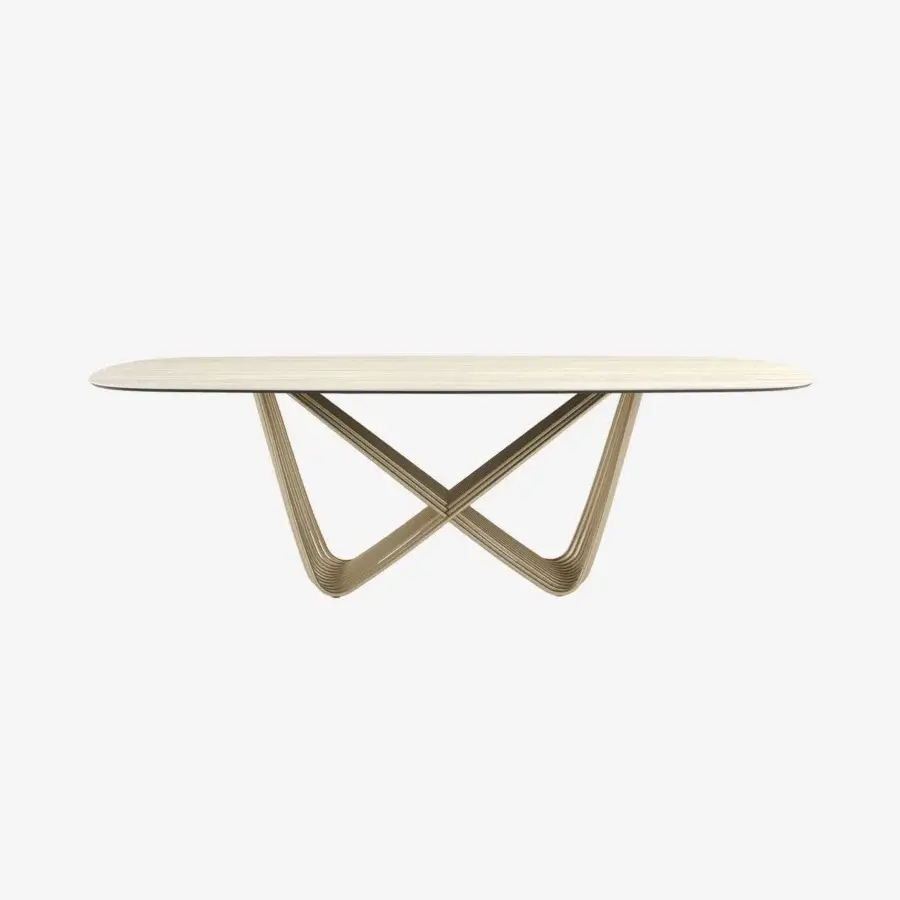 Exceptional Tonin Casa Tenso table with satin-finish wood and intricately woven golden-toned painted steel base