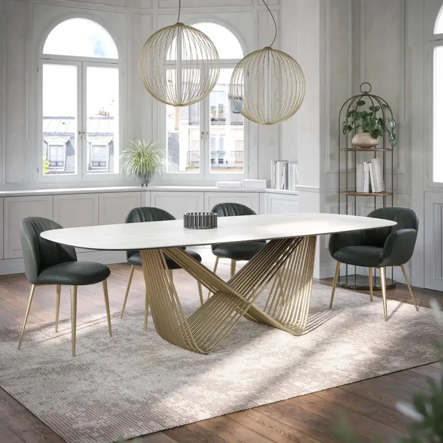 Lavish Tonin Casa Tenso table crafted in travertino with inclined edges and a satin-finish golden-brown woven wooden base