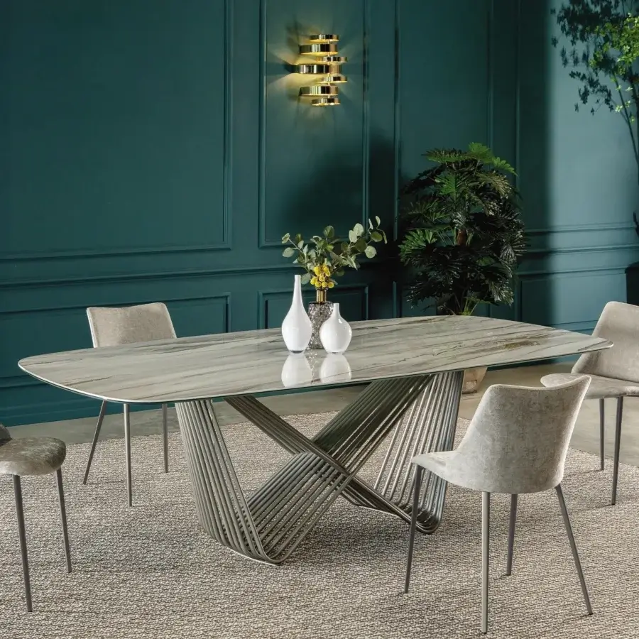 Distinguished Tonin Casa Tenso table crafted with gray and white marbled ceramic and satin finished interwoven painted steel