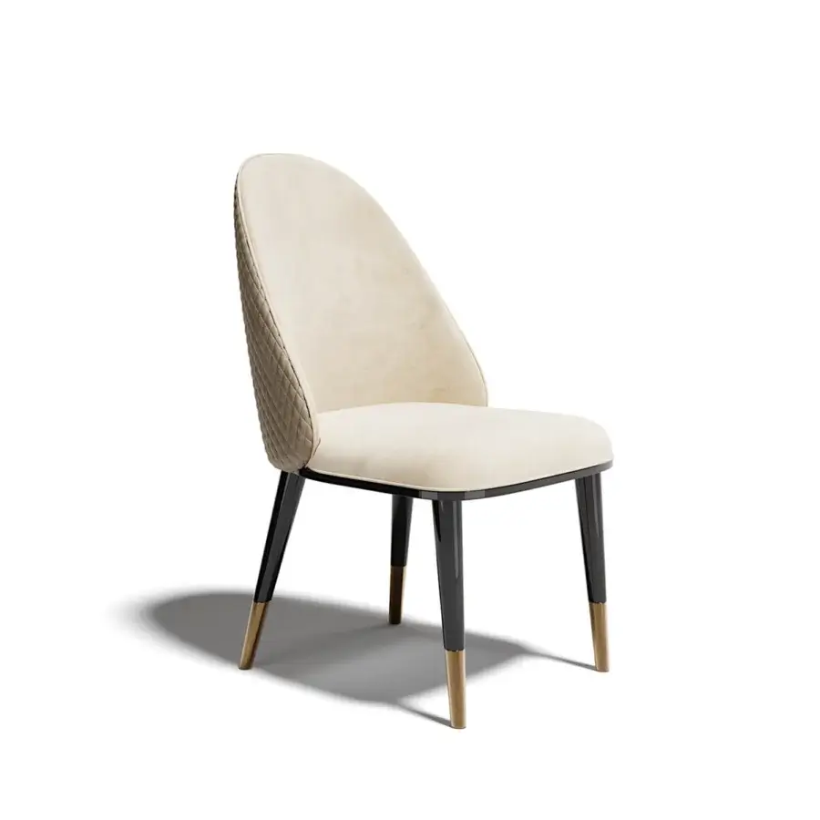 Exceptional Capital Diva chair upholstered in neutral beige fabric with sleek black and gold-toned metal legs crafted in Italy