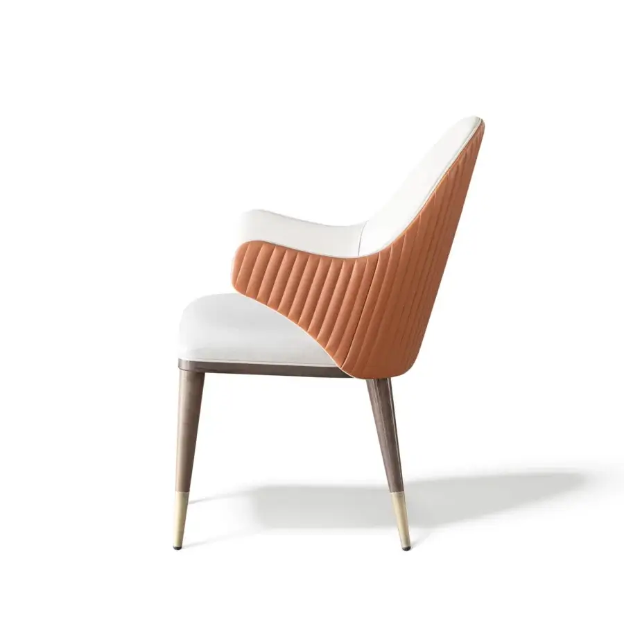 Lavish Capital Diva chair upholstered in white textile and textured orange synthetic material with satin finished wood and gold-toned metal feet