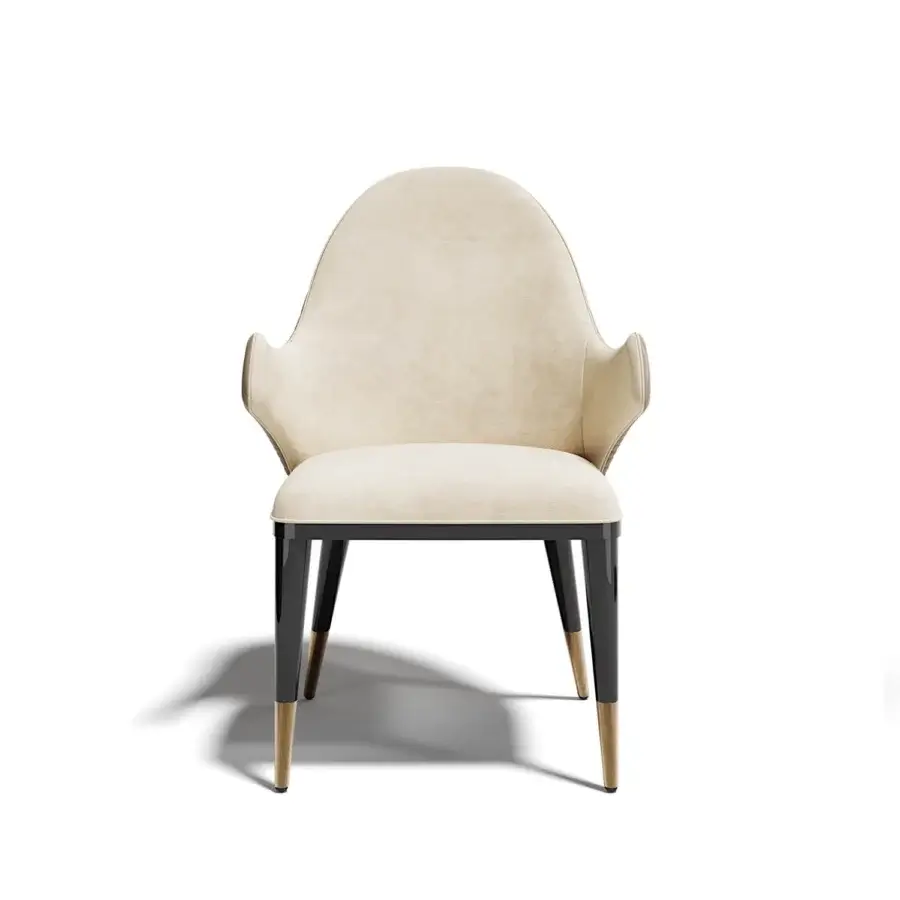 Exceptional Capital Diva chair upholstered in light beige textile with a dark-toned wooden frame and subtle brass accents