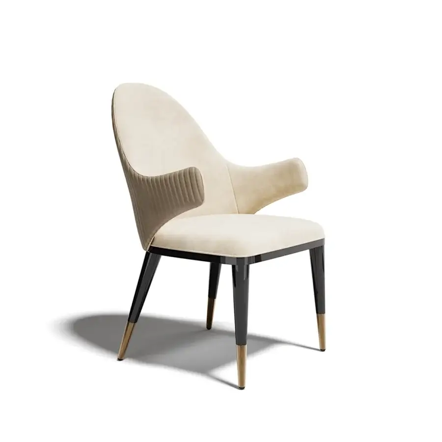 Lavish Capital Diva chair upholstered in light beige woven fabric with a glossy dark wooden frame and gold-toned metal feet
