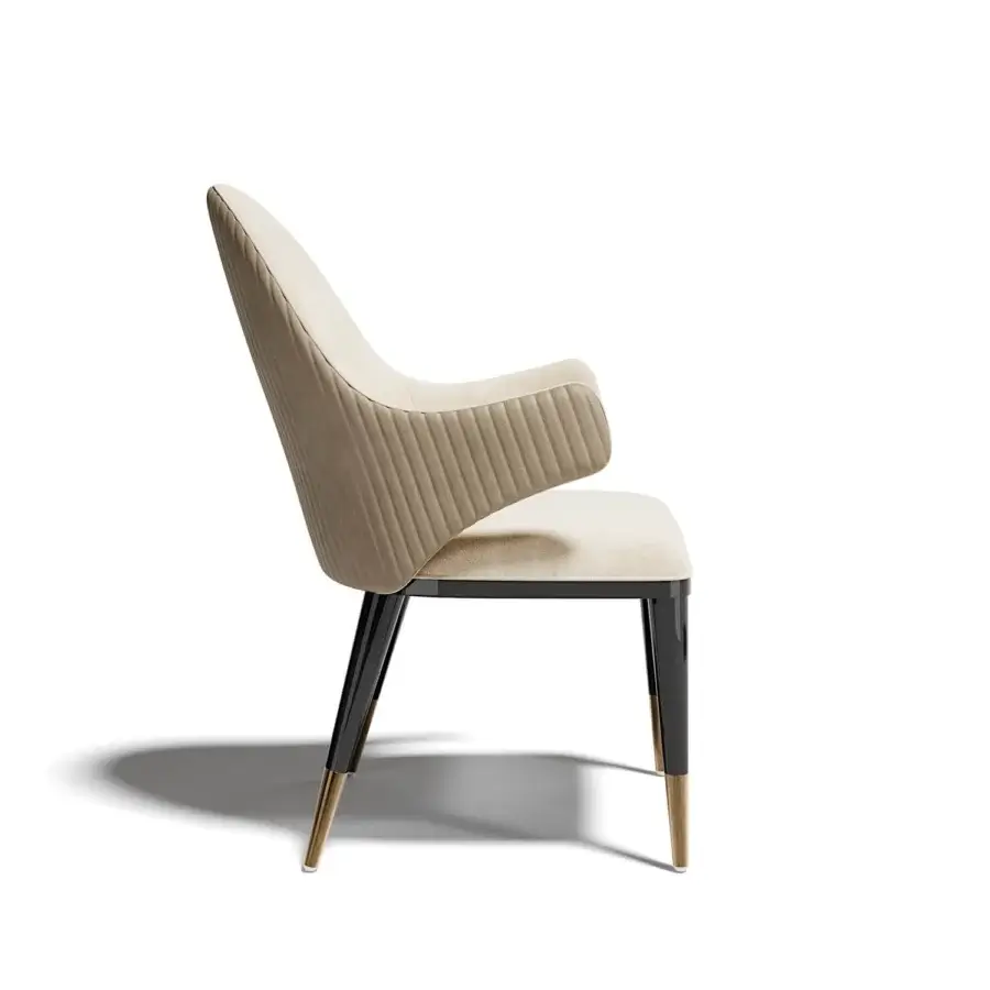 Distinguished Capital Diva chair upholstered in neutral beige fabric with textural pleating and glossy metal legs