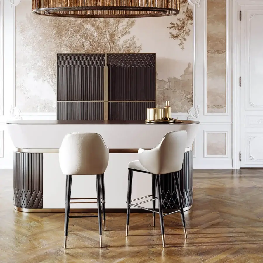Exclusive Capital Diva stool upholstered in tactile light beige textile with channeled diamond backrest and dark metal legs