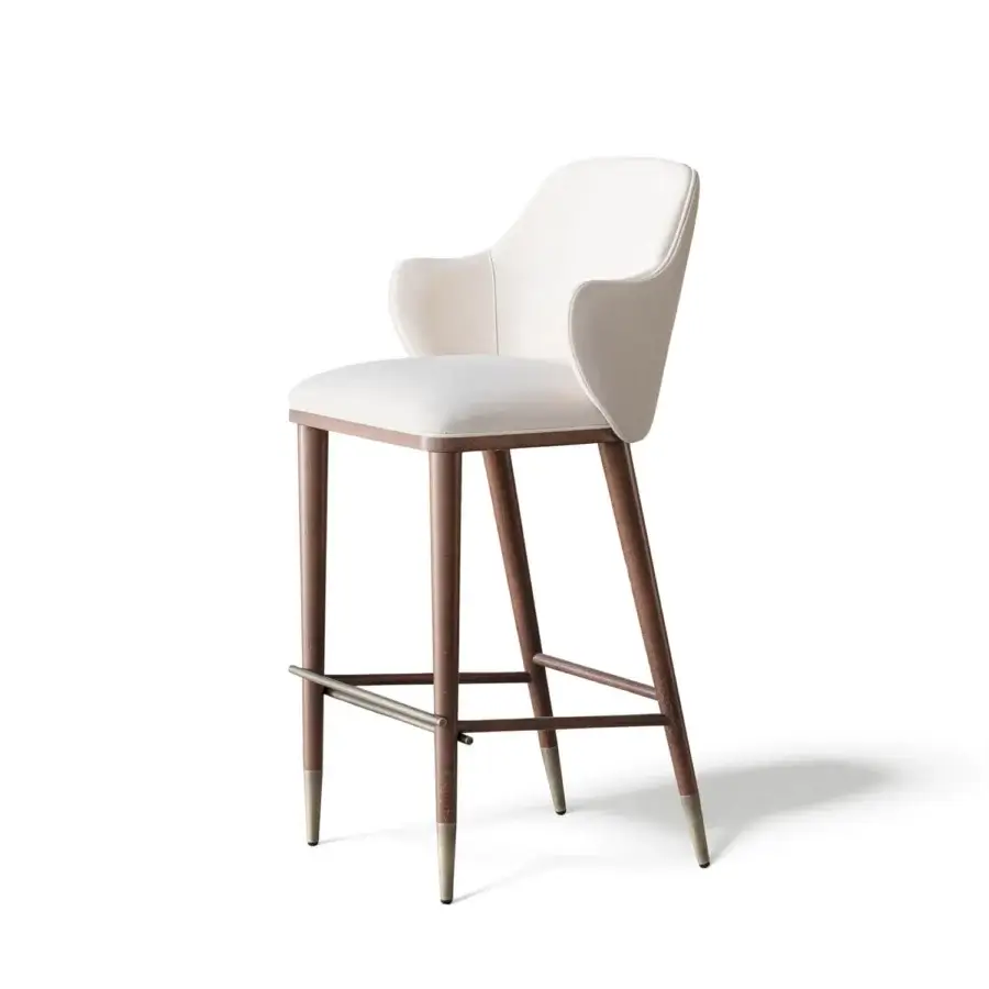 Distinguished Capital Diva stool built with light textile upholstery, brass-toned metal and subtly tapered medium-brown legs with satin finish