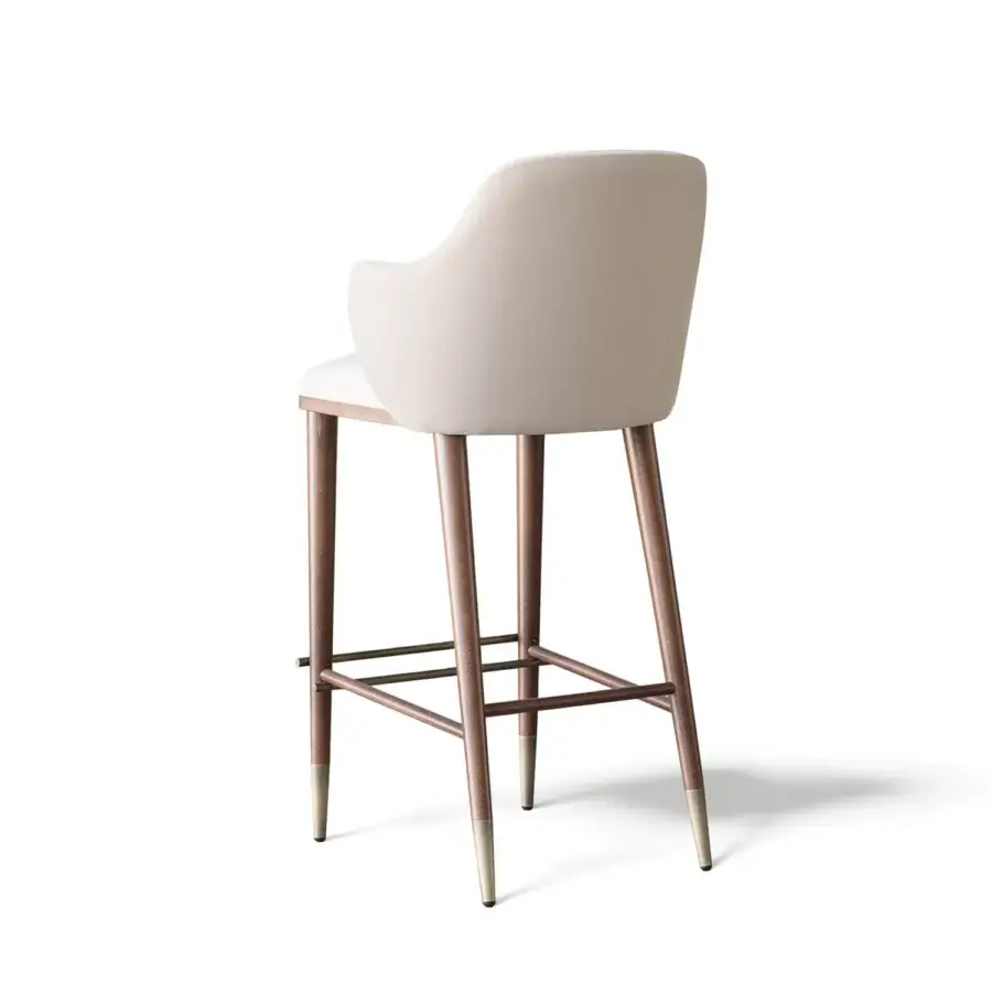 Exceptional Capital Diva stool with gently curved silhouette, light beige upholstery and satin wood finish