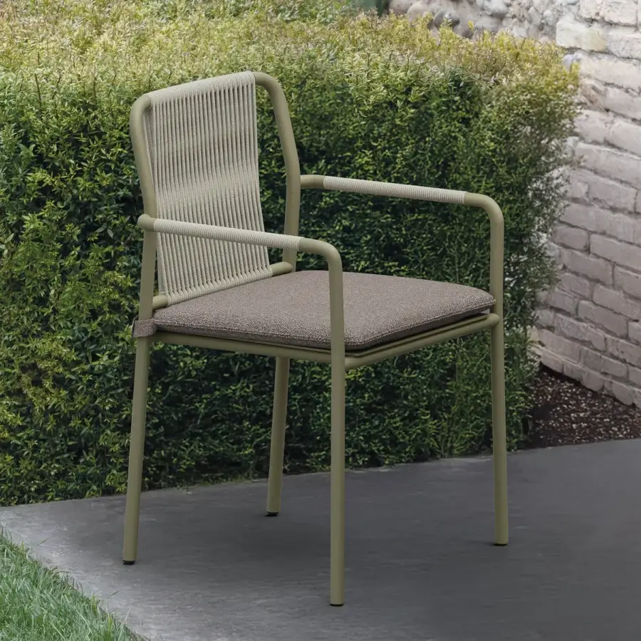 Sophisticated Atmosphera Air armchair crafted with aluminum and neutral brown textile in a matte olive-green finish