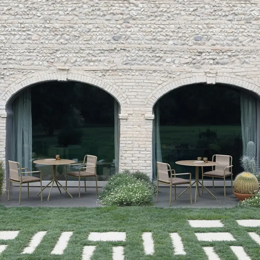 Harmonious Atmosphera Air armchair with a solid aluminum frame and hand-woven neutral beige textile in a satin finish