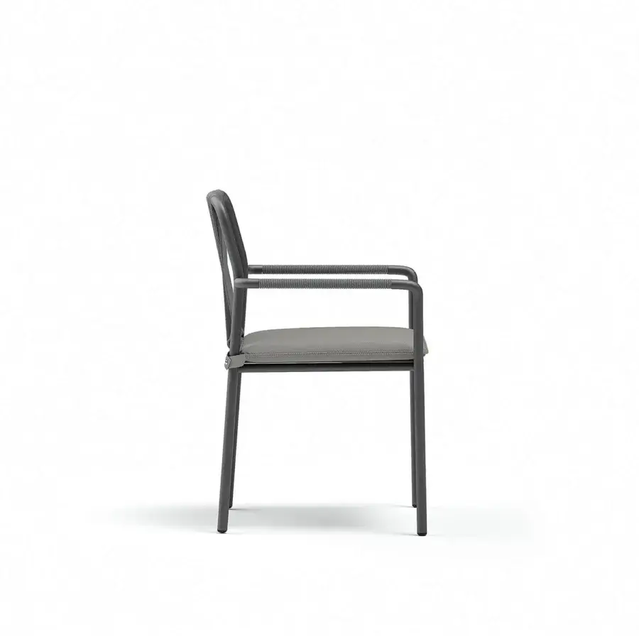 Refined Atmosphera Air armchair with a solid aluminum frame and hand-woven braiding in muted gray textile upholstery