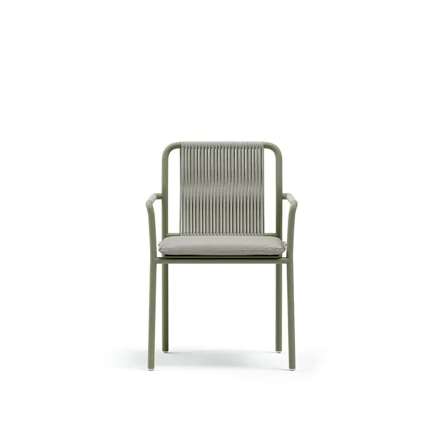 Distinguished Atmosphera Air armchair with a matte pale olive-green aluminum frame and light neutral woven textile seat