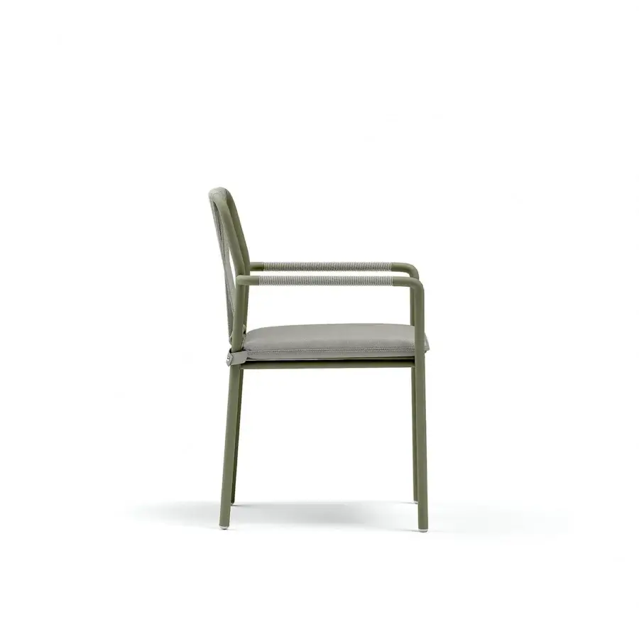Sophisticated Atmosphera Air armchair with a graphite aluminum structure and olive green textile upholstery crafted with hand-woven braiding details