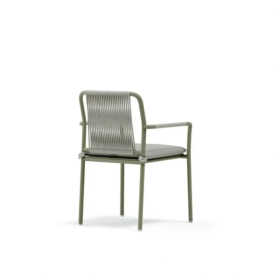 Elegant Atmosphera Air armchair with solid aluminum frame, light gray woven seat and backrest in muted olive green matte finish