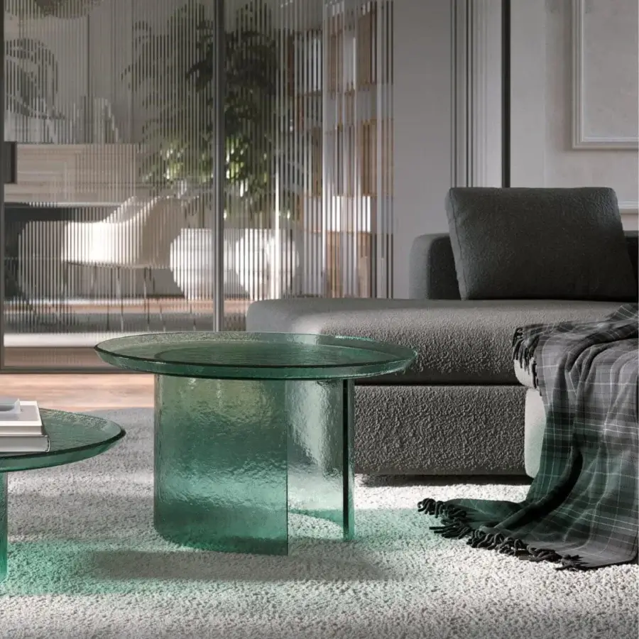 Exceptional Tonin Casa Atollo coffee table crafted in muted green lacquered glass with a distinctive hammered finish