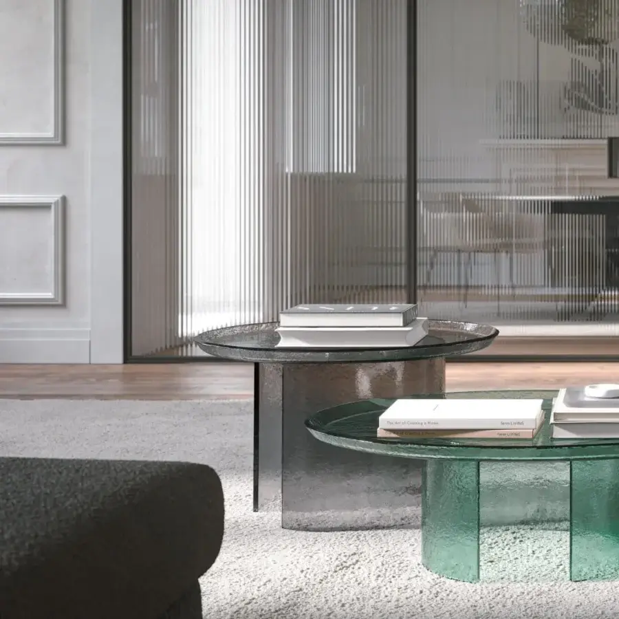Distinguished Tonin Casa Atollo coffee table crafted in muted green lacquered glass with a hammered finish and dark-toned wooden base