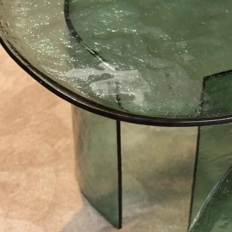 Remarkable Tonin Casa Atollo coffee table crafted in muted green lacquered glass with a hammered finish