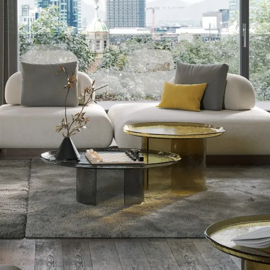 Distinctive Tonin Casa Atollo coffee table crafted in golden lacquered glass with a hammered finish and dual-tiered design